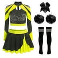 thumbnail image 3 of YiZYiF Women's Cheerleading Uniform Set Long Sleeve Dance Crop Top with Rhinestones Skating Skirt Fluorescent Yellow B L, 3 of 5