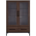 thumbnail image 4 of Miekor Furniture 60" Tall Display Cabinet with Tempered Glass Door, LED Lighting, Two Drawers, Modern Style Storage Cabinet for Living Room, Office & Study, Walnut 40768, 4 of 14