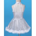 thumbnail image 3 of Venjoe Kids Girls Shiny Sequins Halter-neck Figure Ice Skating Tutu Dress Christmas Snowman Dance White 14, 3 of 6
