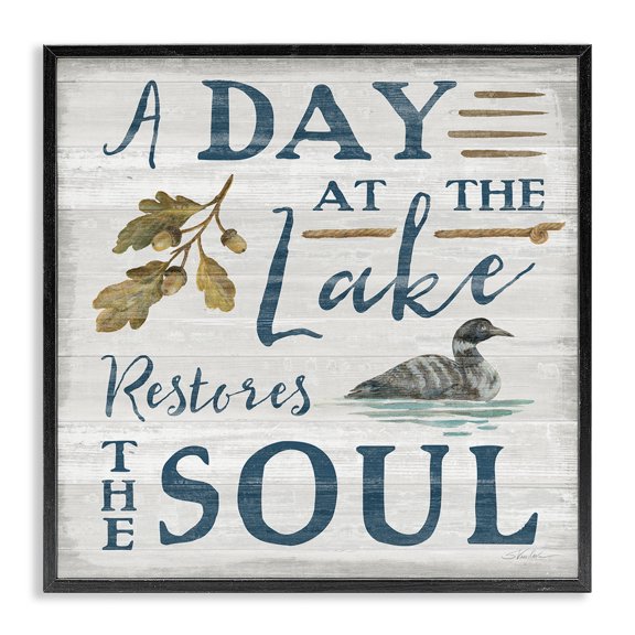 Stupell Industries Rustic Lodge Day At Lake Restores Soul Rustic Quote Grain Pattern Black Framed Giclee Art, 12 x 12, by Silvia Vassileva