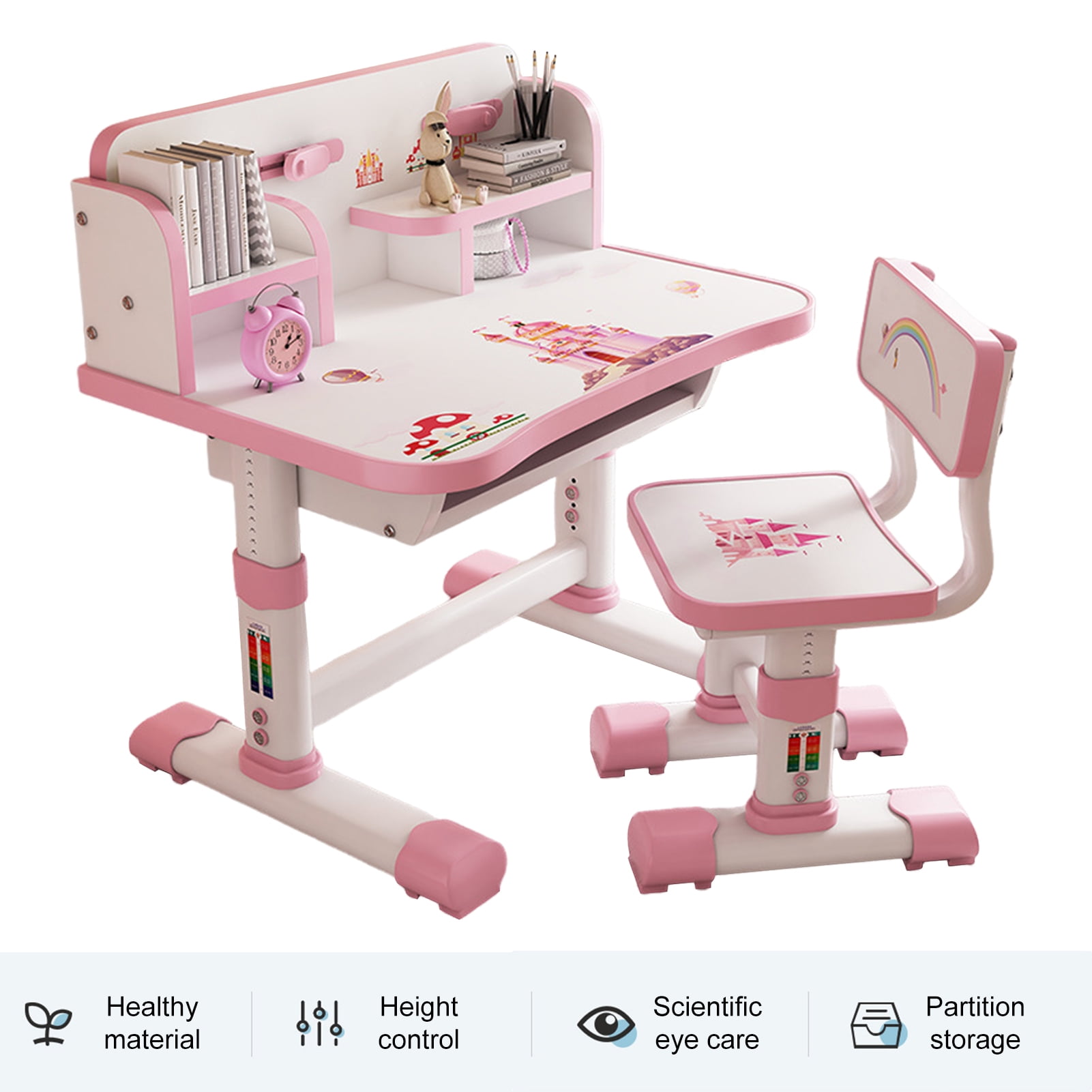 JNXYL Kids Study Desk and Chair Set Height Adjustable Children Table Large Writing Board Desk , Drawer, Bookstand (Pink)