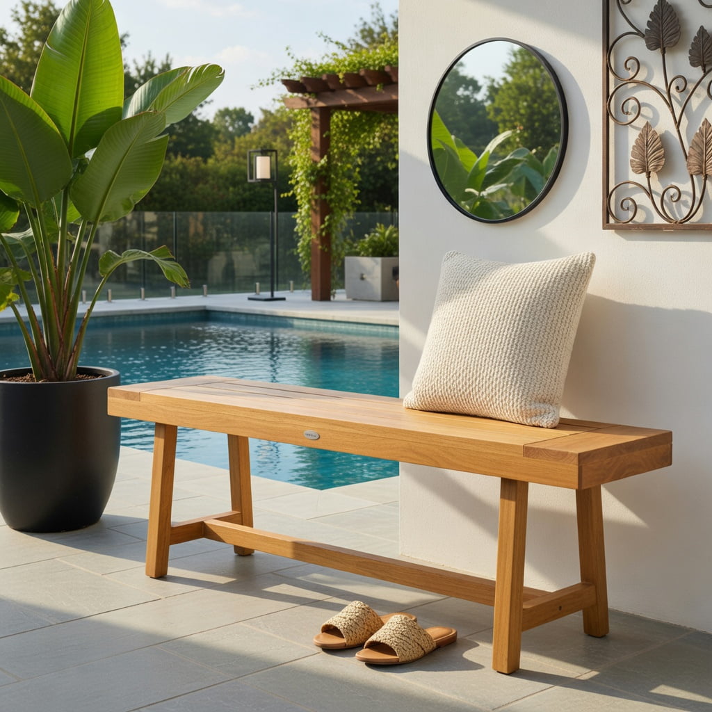 Hommoo 63" Teak Wood Bench, Sturdy Natural Solid Wood Seating for Dining Room, Entryway or Bedroom, Natural