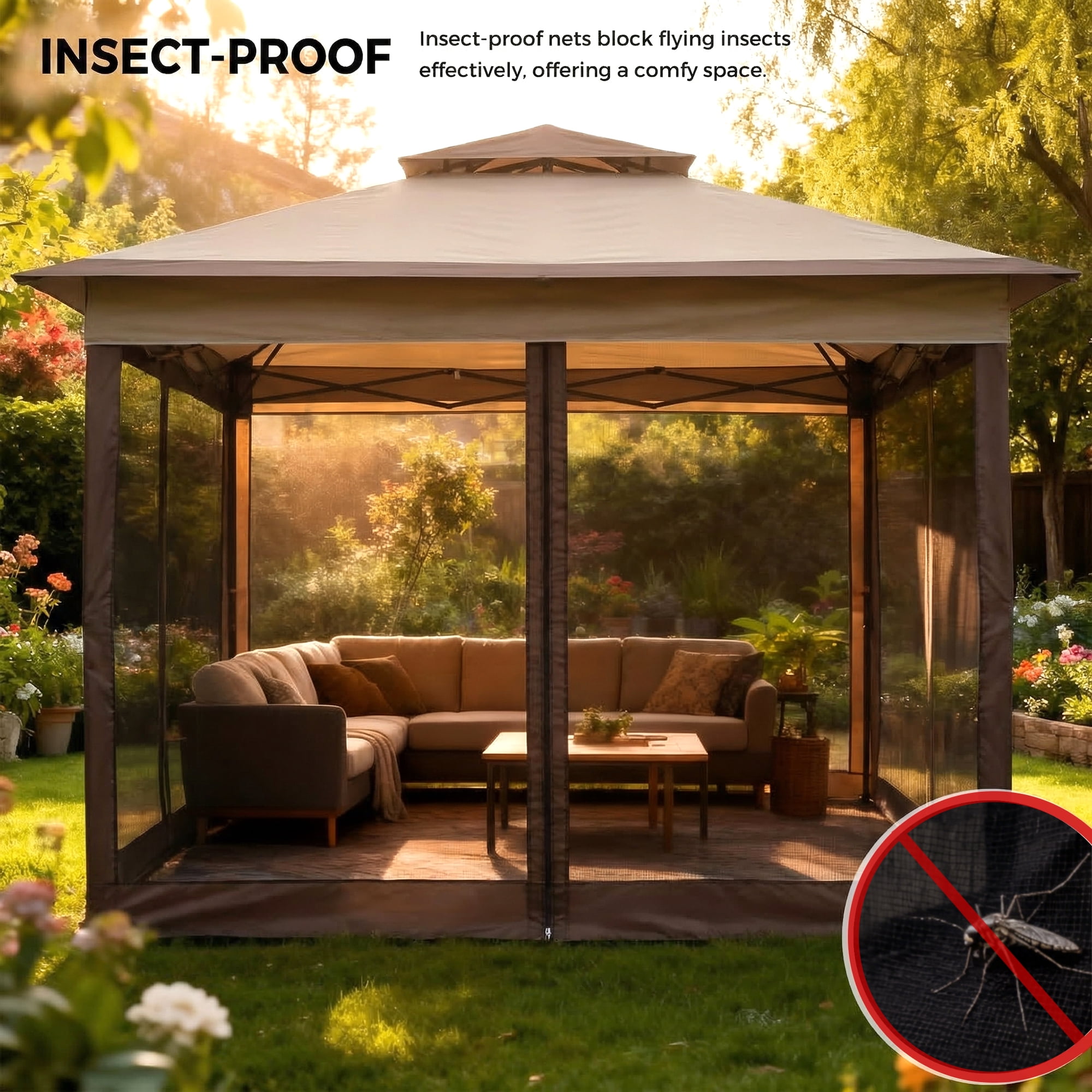Advwin 11x11 Pop Up Gazebo Tent with Netting, Instant Outdoor Canopy Shelter with Wheeled Carry Bag, Double Roof Vent, 3 Adjustable Heights, Portable Canopy for Patio