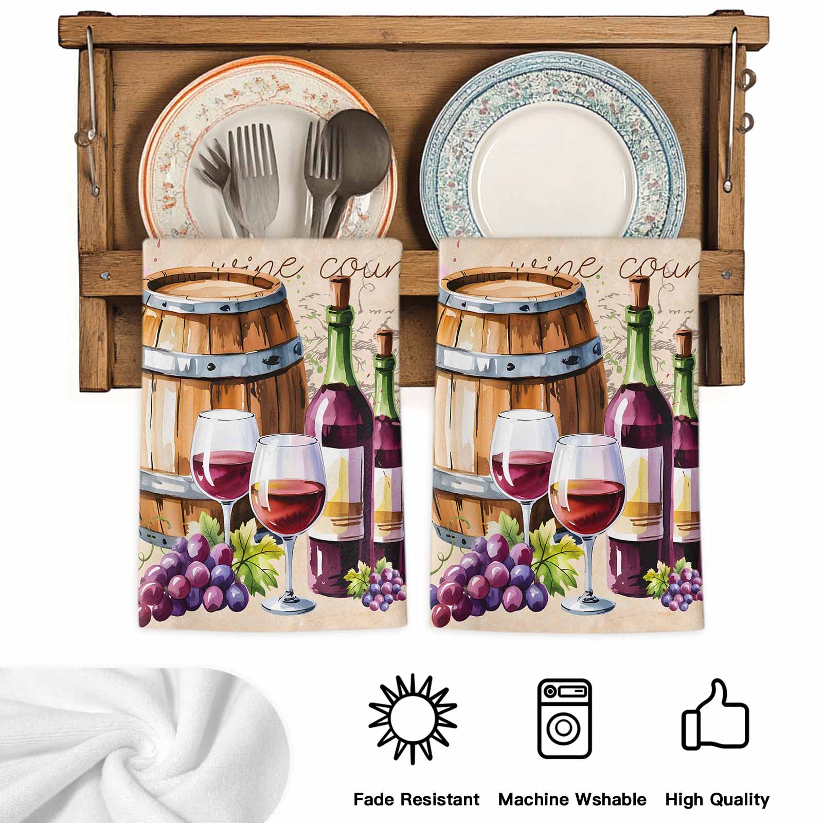 Dish Towels, Wine Cask Absorbent Kitchen Towels 2 PCS, Retro Farmhouse Grape Microfiber Hand Towels Dish Cloths Tea Towels for Home&nbsp;Bathroom Cleaning Drying,18X28-Inch,
