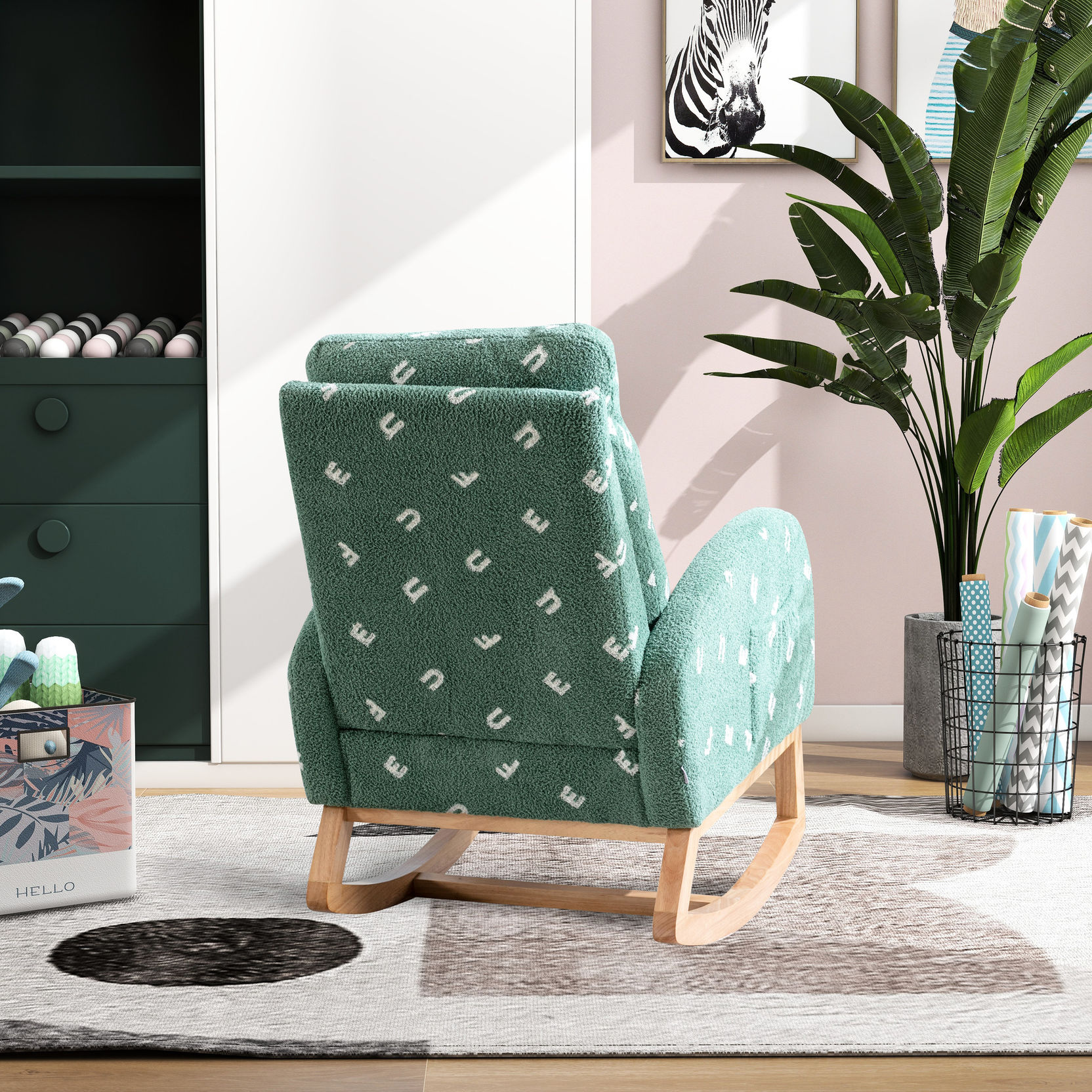 39.00 in Tall Green Boucle Rocking Chair | Appropriate for Quiet Moments in Nursery | Quick and Easy to Assemble