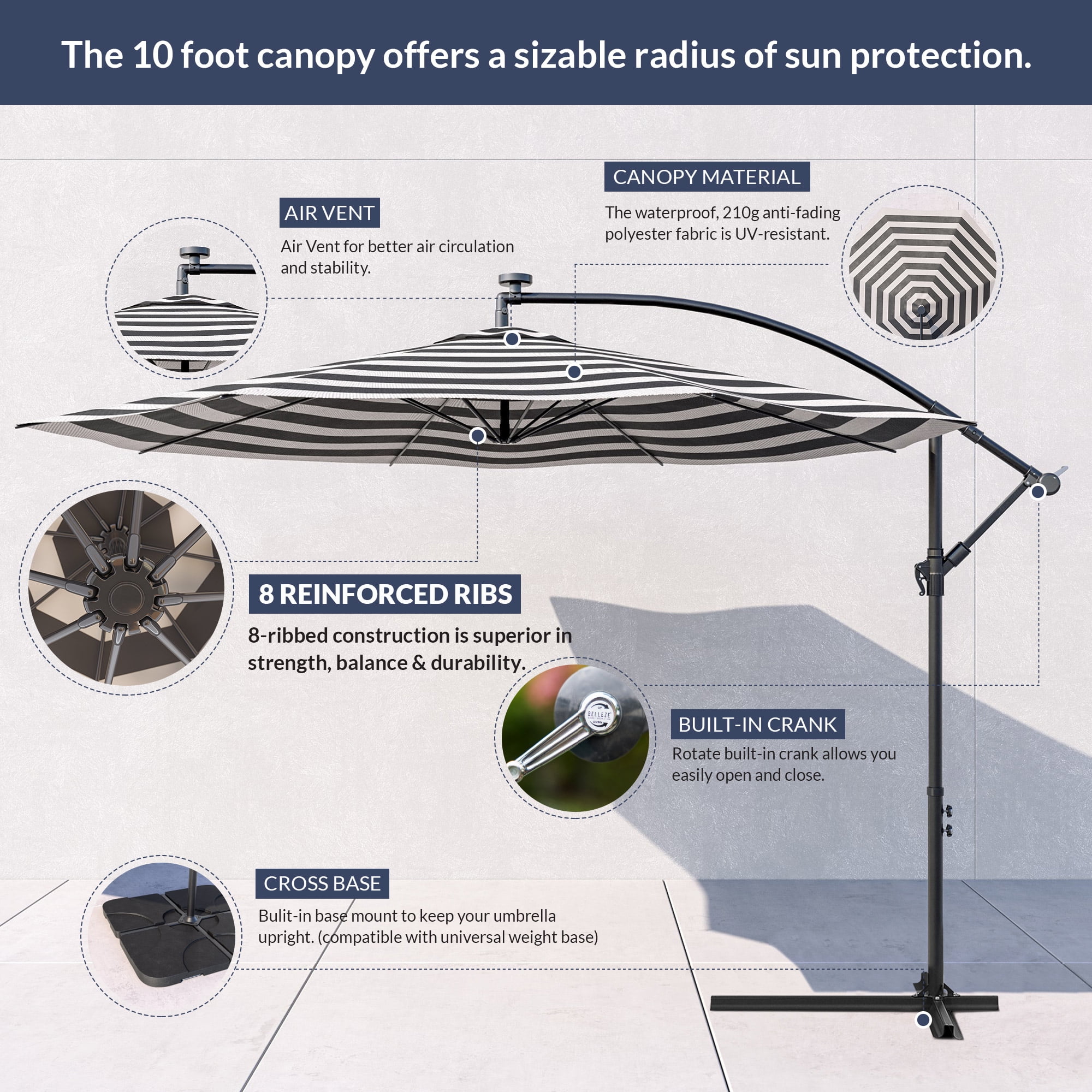 allen roth aegean blue patio umbrella allen + roth 11-ft Aluminum Blue Crank Cantilever Patio Umbrella with  Lights and Base URM819003J-3 at Lowes.com