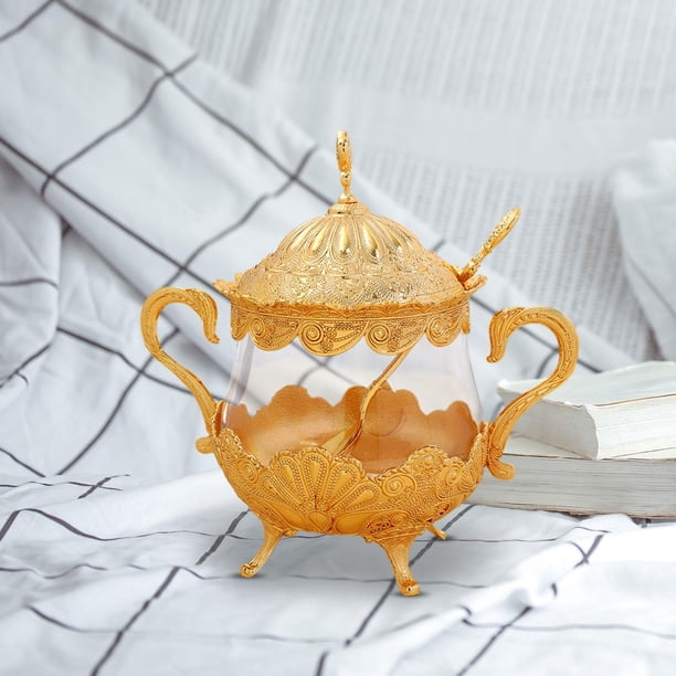 Azucarero, tarro de almacenamiento dorado con tapa, cuchara, bote de almacenamiento para condimentos, recipiente de azúcar para cafetería, cocina, BLESIY Tazón de azúcar