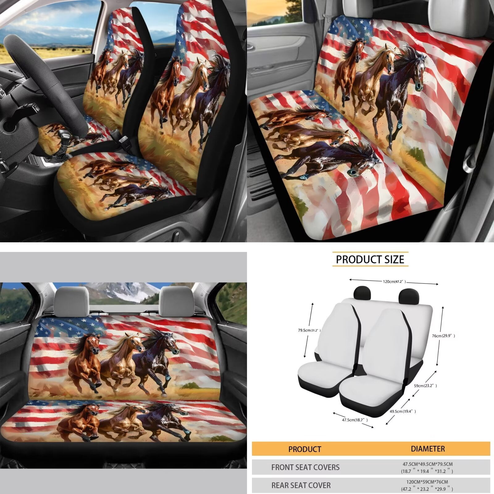 Garronmavis American Flag Running Horse Car Seat Cover Full Set 16 Pieces Car Seat Belt Covers Keychain Holder Gear Shifting Knob Cup Mats Windshield Sun Shade