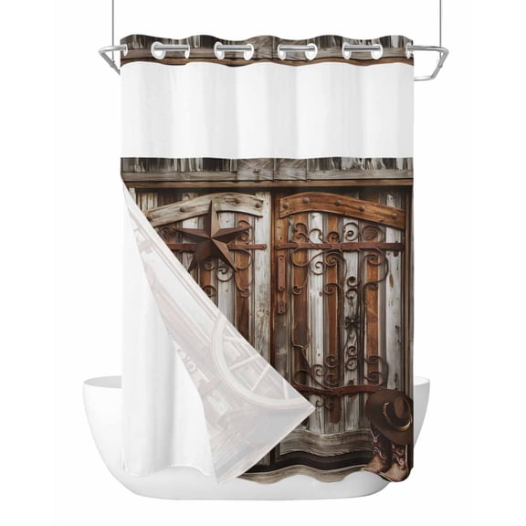 No Hook Cloth Fabric Shower Curtain with Snap in Liner, Retro Brown Door Waterproof Shower Curtains Set with See Through Top Window, Farmhouse Vintage Wooden Door Bath Curtains Shower 48"x72"