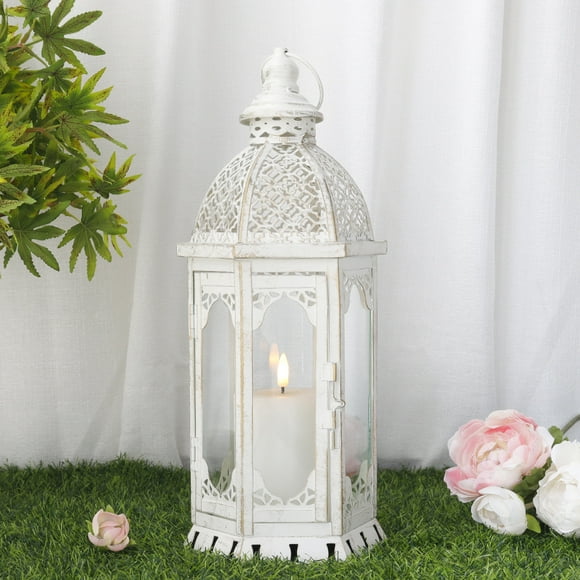 JHY DESIGN Outdoor Candle Lantern, Decorative Metal Candle Lantern, Vintage Candle Holder with Tempered Glass (white)