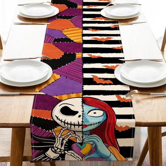 Halloween Jack Tablecloth, Sally Black and White Striped Patch Bat Kitchen Table Decoration, Fun Holiday Burlap Home Decor Indoor Outdoor Party Supplies 33.02 x 182.88cm