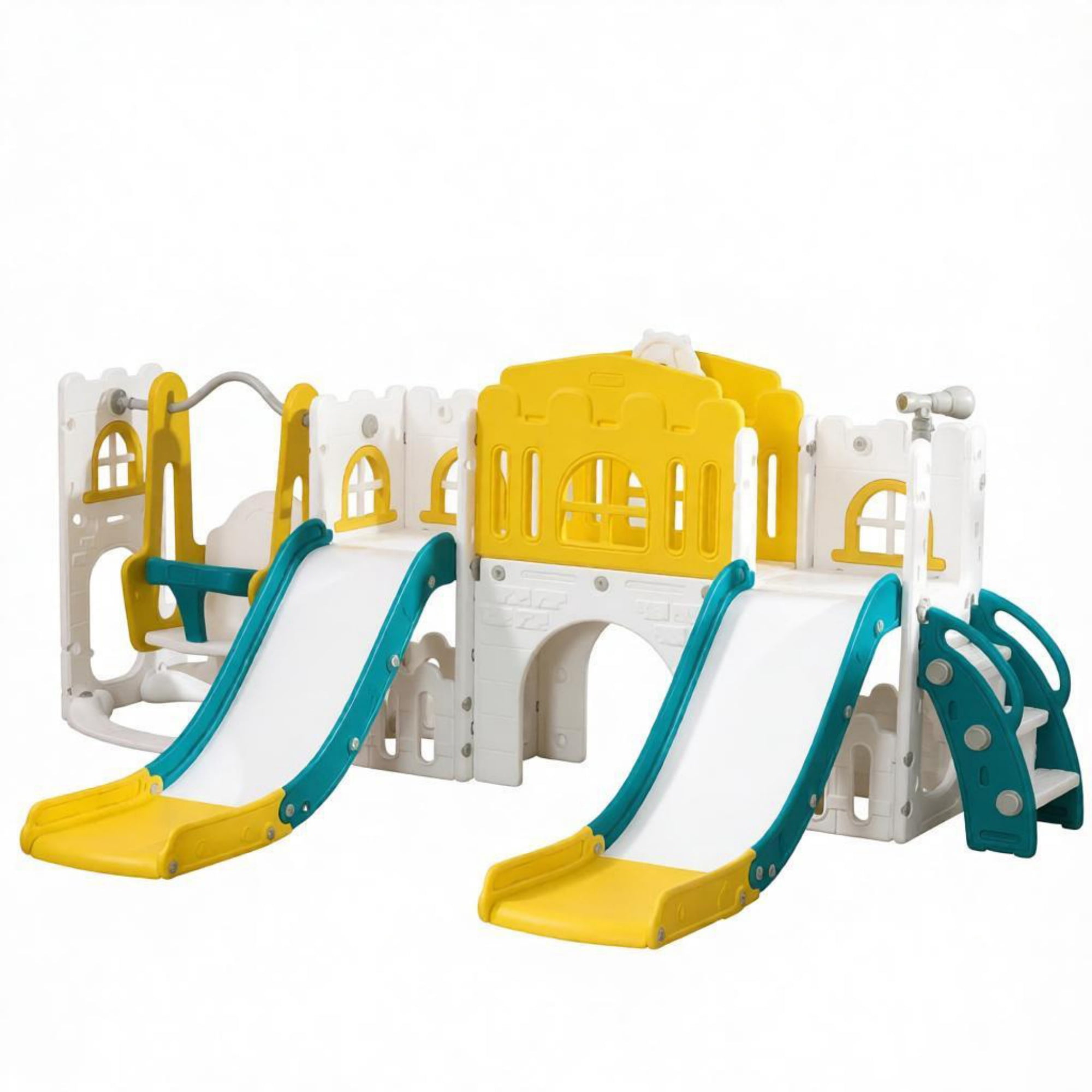 8-in-1 Toddler Playground Set, Slide & Swing, 2 Slides, Basketball Hoop, Climber, Storage Telescope, Yellow