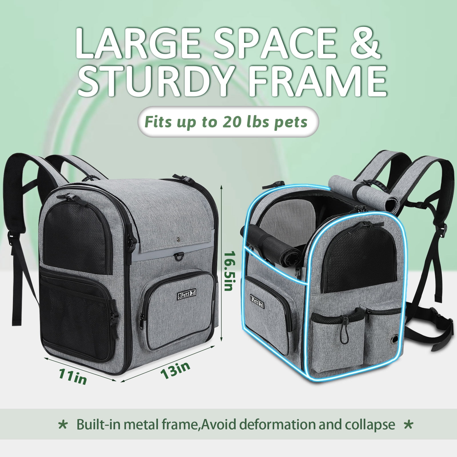 PETSKD Pet Carrier Backpack for Dogs Cats, 13x11x16.5 inches Outdoor Travel Backpack with with Safety Lock Zipperl, Large Space Foldable Backpack for Pets Under 20 lbs, Gray