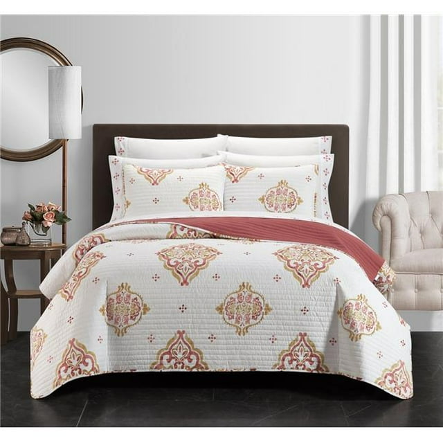 Ensemble de Courtepointe Bugatti 9 Pièces - Corail&44; Or & Blanc - Taille Reine