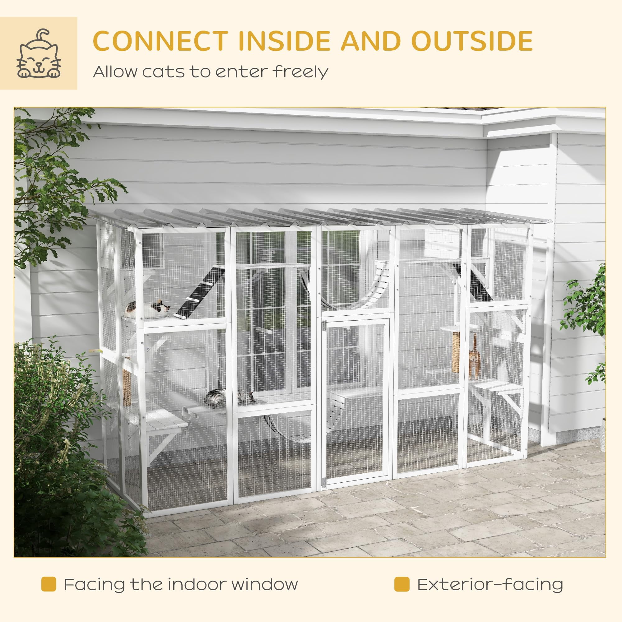 Wooden Catio Enclosure for Outdoor Cats with Shelves Bridges and Weatherproof Roof, Spacious Play Area for Multiple Kitties, White
