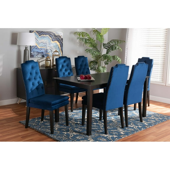 Baxton Studio Dylin Modern and Contemporary Navy Blue Velvet Fabric Upholstered and Dark Brown Finished Wood 7-Piece