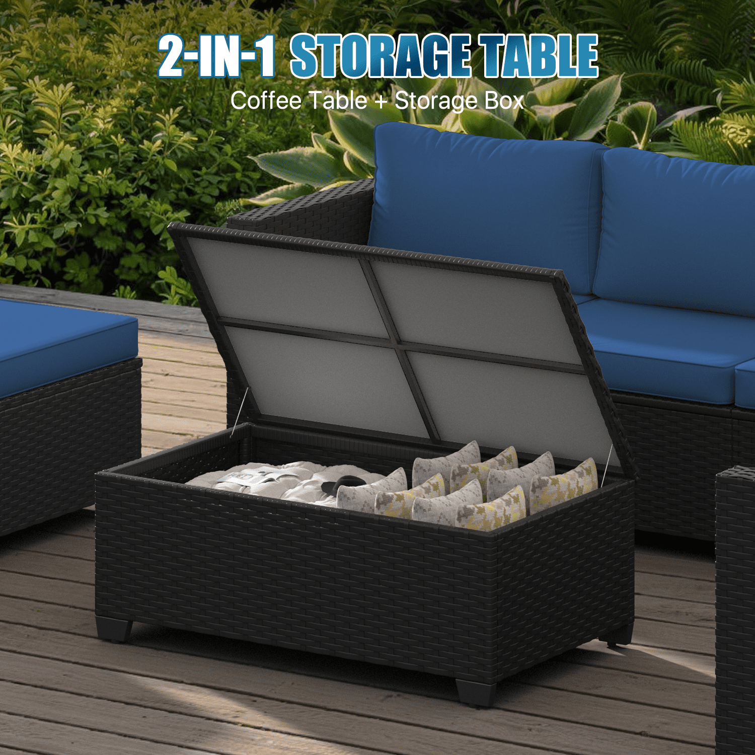 Sunmthink 8 Piece Patio Furniture Set, Rattan Wicker Patio Conversation Set Outdoor Furniture, Navy Blue
