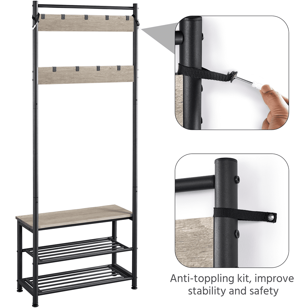 Renwick Metal Hall Tree with Shoe Shelves & Movable Hooks, Gray