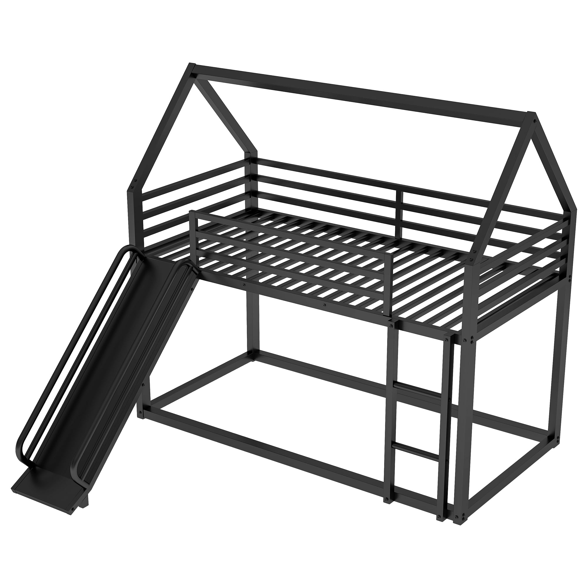 Euroco Twin over Twin House Bunk Bed with Ladder and Slide for Kids Teens Bedroom, Black