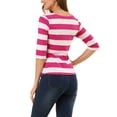 thumbnail image 3 of Allegra K Women's Casual Round Neck Elbow Sleeves Slim Fit Stripes T-Shirt, 3 of 6