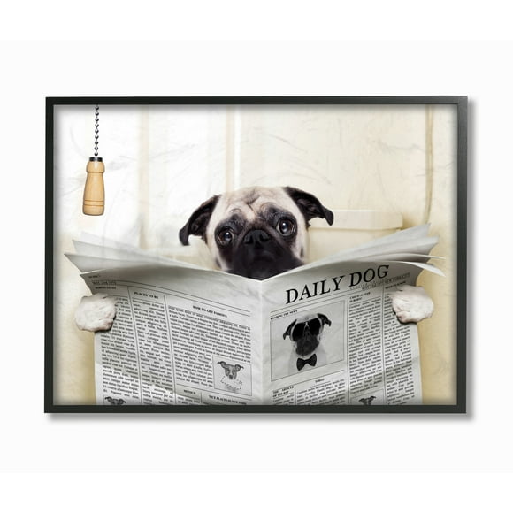 Stupell Industries Pug Reading Newspaper in Bathroom Black Framed Wall Art, 24 x 30, Design by Artist in House Artist