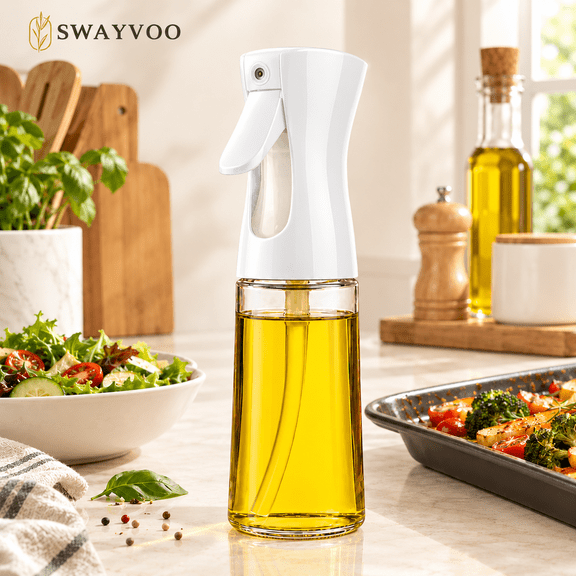 Swayvoo Olive Oil Sprayer for Cooking, 200ml Glass Olive Oil Dispenser Bottle, Continuous Cooking Spray with Portion Control, Kitchen Appliances Oil Mister for Air Fryer, Salad & BBQ White