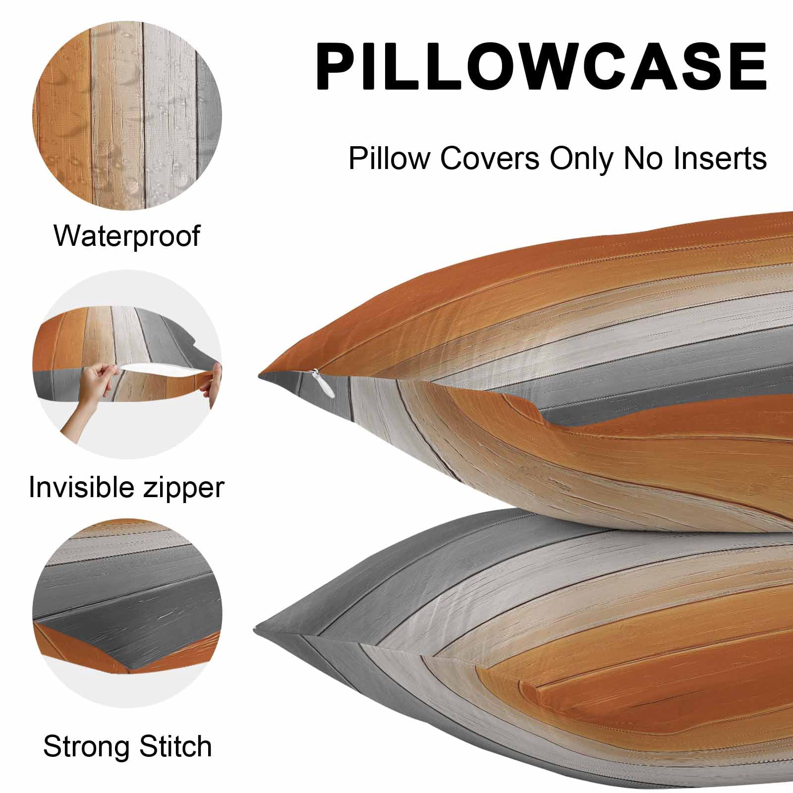 Throw Pillow Covers 16x16 Inch Set of 2, Burnt Orange Gray Ombre Waterproof Outdoor Pillow Covers, Vintage Farmhouse Wooden Decorative Cushion Pillowcases for Couch, Sofa, Bed, Garden, Patio