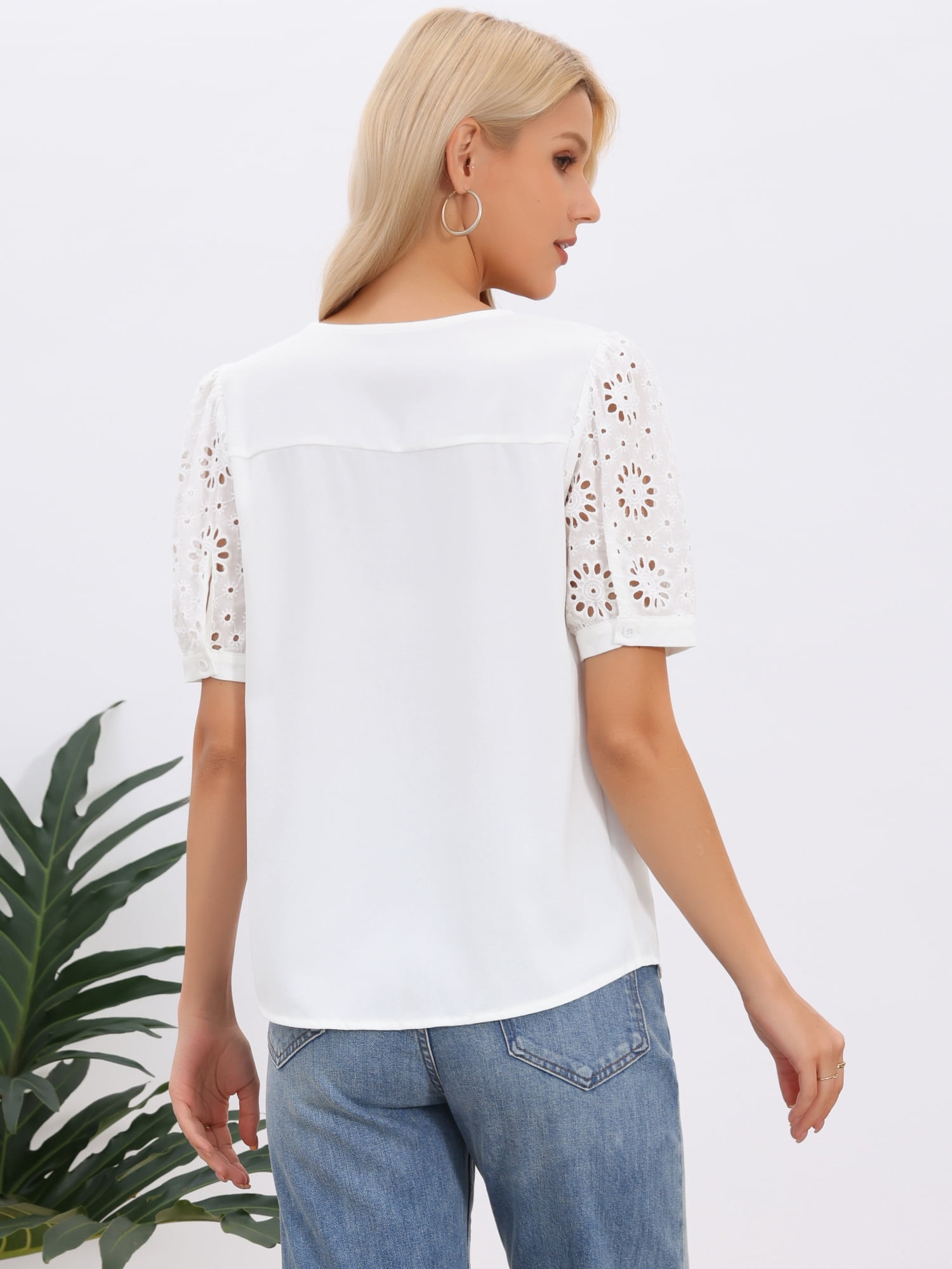 DARING DIVA Women's Lace Sleeve Blouses V Neck Cutout Short Sleeve Dressy Tops S White