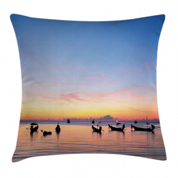 Fishing Decor Throw Pillow Cushion Cover, Sunset on Sea with Silhouette Ships at Suratthani Asian Bay Relaxation, Decorative Square Accent Pillow Case, 16 X 16 Inches, Blue Yellow Coral, by Ambesonne