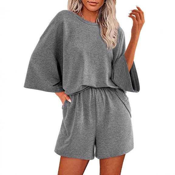 ylioge Pajamas for Women Sets with Pockets Casual Solid Color 2 Piece Short Sleeve Tops Wide Leg Shorts Loose Comfortable Sleepwear Pajamas Suits Set