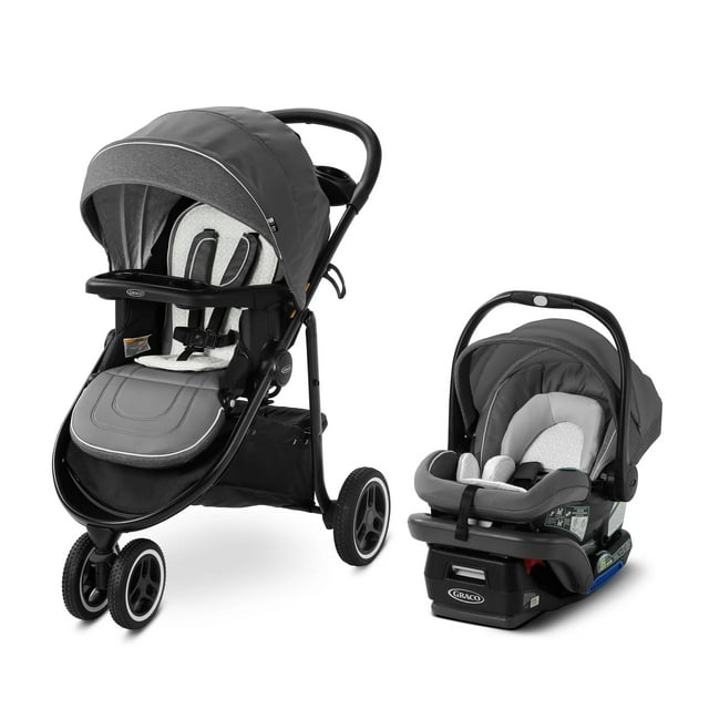 Sistema de viaje Graco Modes 3 Lite Platinum con asiento reversible ajustable, plegado con una mano, marco liviano y asiento infantil para automóvil SnugRide SnugLock 35 DLX, color blanco