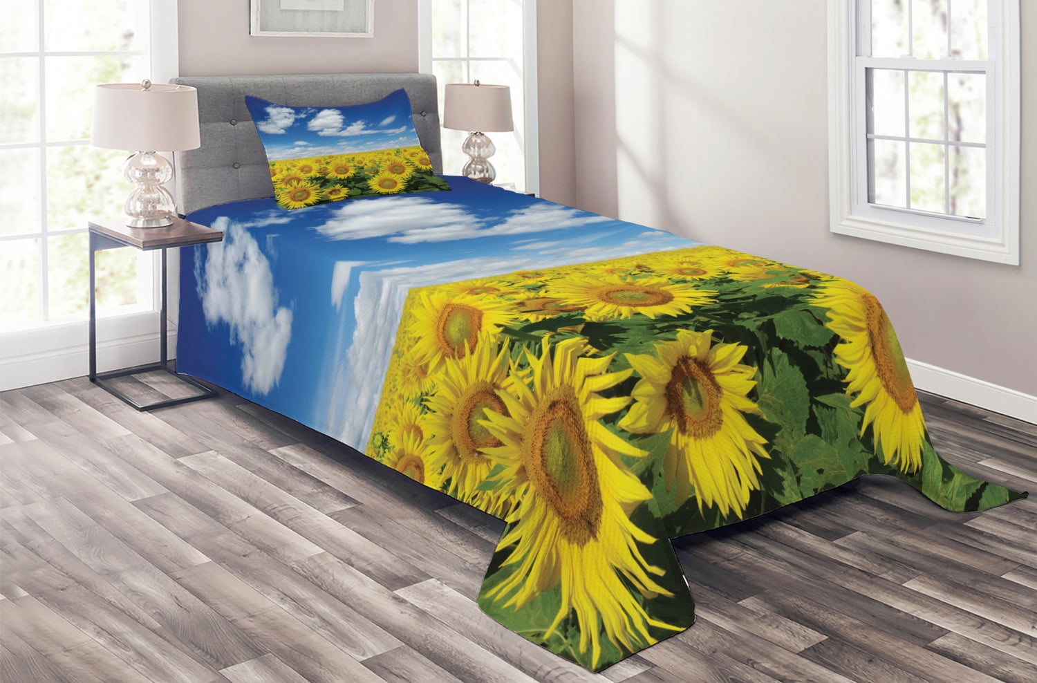 Sunflower Coverlet Set Twin Size, Fresh Sunflowers Field under Clear
