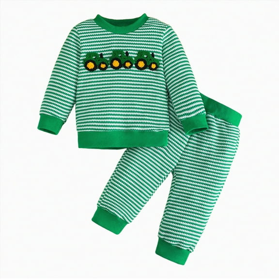 Gibobby Toddler Baby Boy Fall Outfits Tractor Embroidery Long Sleeve Sweatshirt and Pants Set Farm Winter Clothes(Green,6-12 Months)