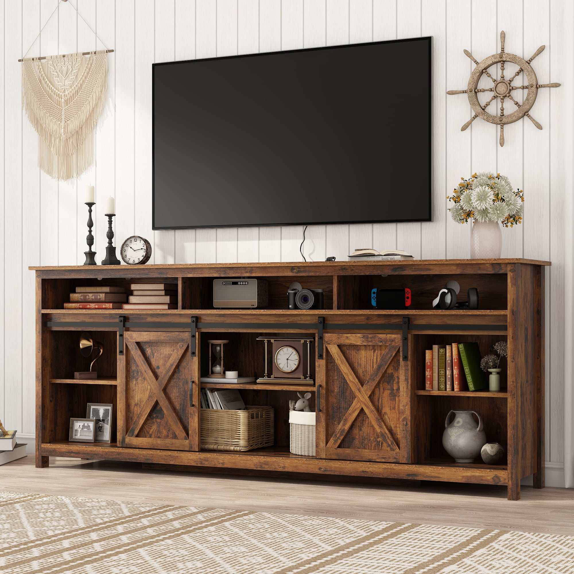 ANPOO Farmhouse TV Stand for 90 inch TVs, Rustic Entertainment
