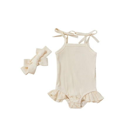 

EYIIYE Baby Girls Summer Outfits Sleeveless Self Tie Strap Ruffle Bodysuit with Headband Set 0-18 Months