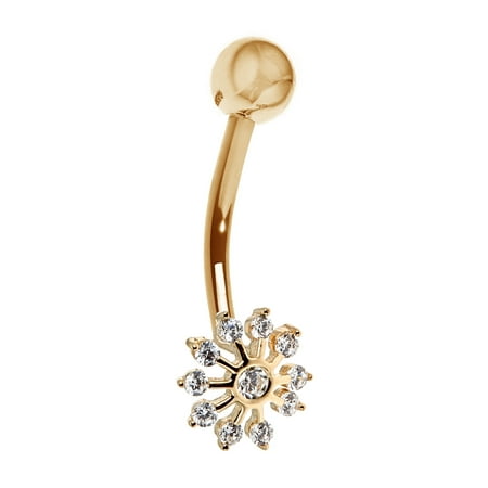 14k Real Yellow Gold Snowflake Yellow Belly Button Navel Ring