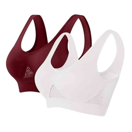 Low Back Sports Bras for Women 2 Pack Breathable Sports Bra Ladies Workout Mesh Brassiere Soft Comfy Wireless Bra Push up Balconette with Removable Pads Wine L