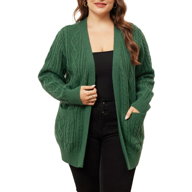 Suéteres de talla grande para mujeres Agnes Orinda, cárdigans de manga larga con frente abierto y bolsillos 3X verde oscuro