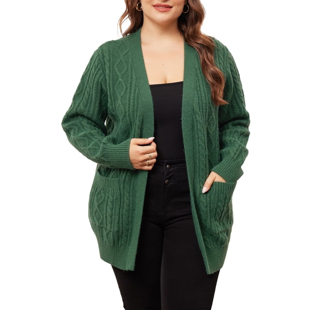 Suéteres de talla grande de GRACE & GRANDEUR para mujeres, cárdigan de manga larga con frente abierto y bolsillos 2X Verde Oscuro