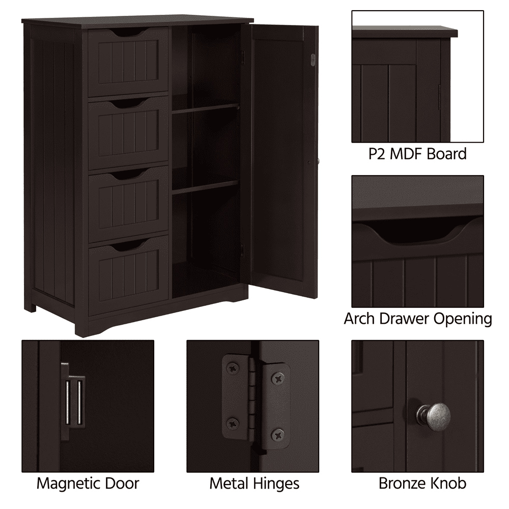 Alden Design Wooden Bathroom Storage Cabinet with 4 Drawers & Cupboard, Espresso