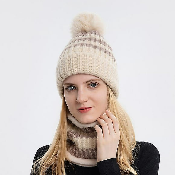 Dww-couleur Beige Echarpe Femme Hiver, Laine Bonnet Femme Hiver Pompom, Cache Cou Polaire Hiver Chaud, Doublure Molleton Doux Chapeau Et Foulard Chic