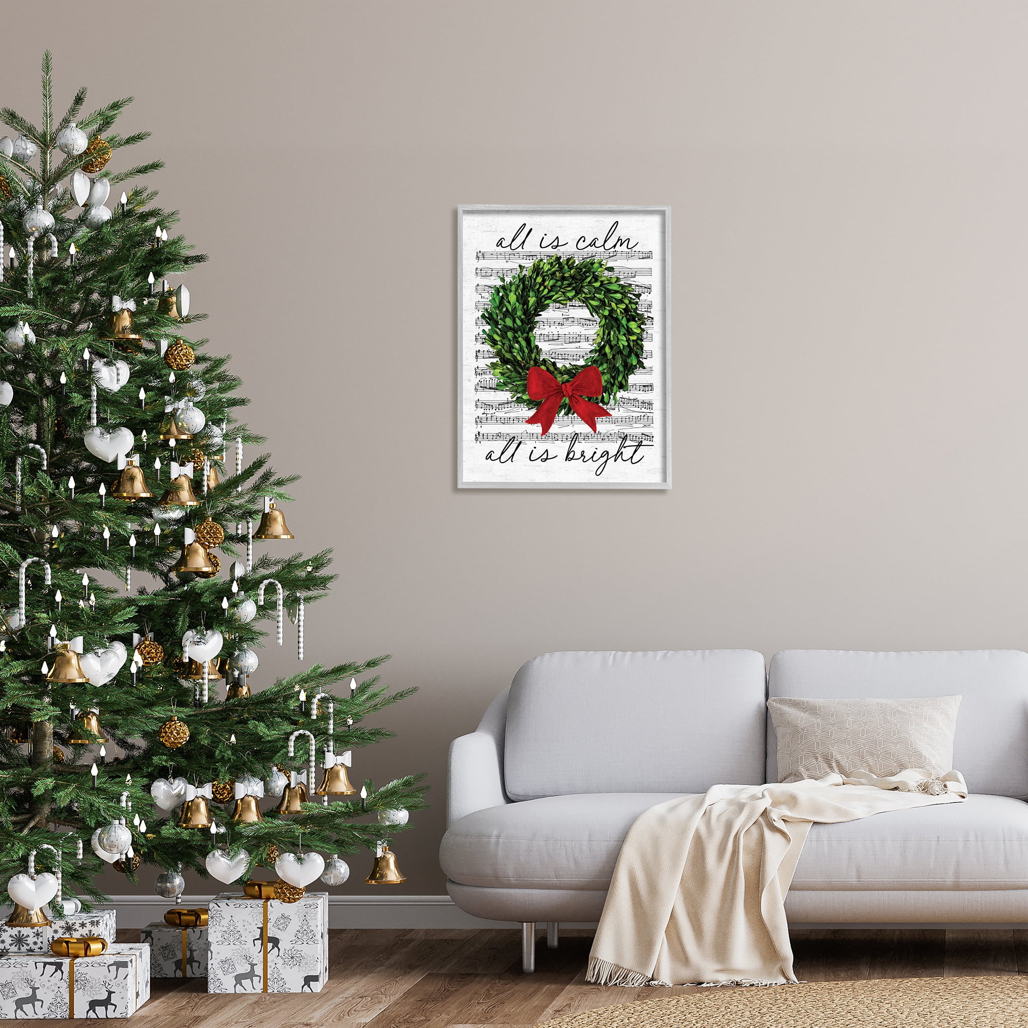 Stupell Industries All is Bright Holiday Music Holiday Painting Gray Framed Art Print Wall Art, 24 x 30