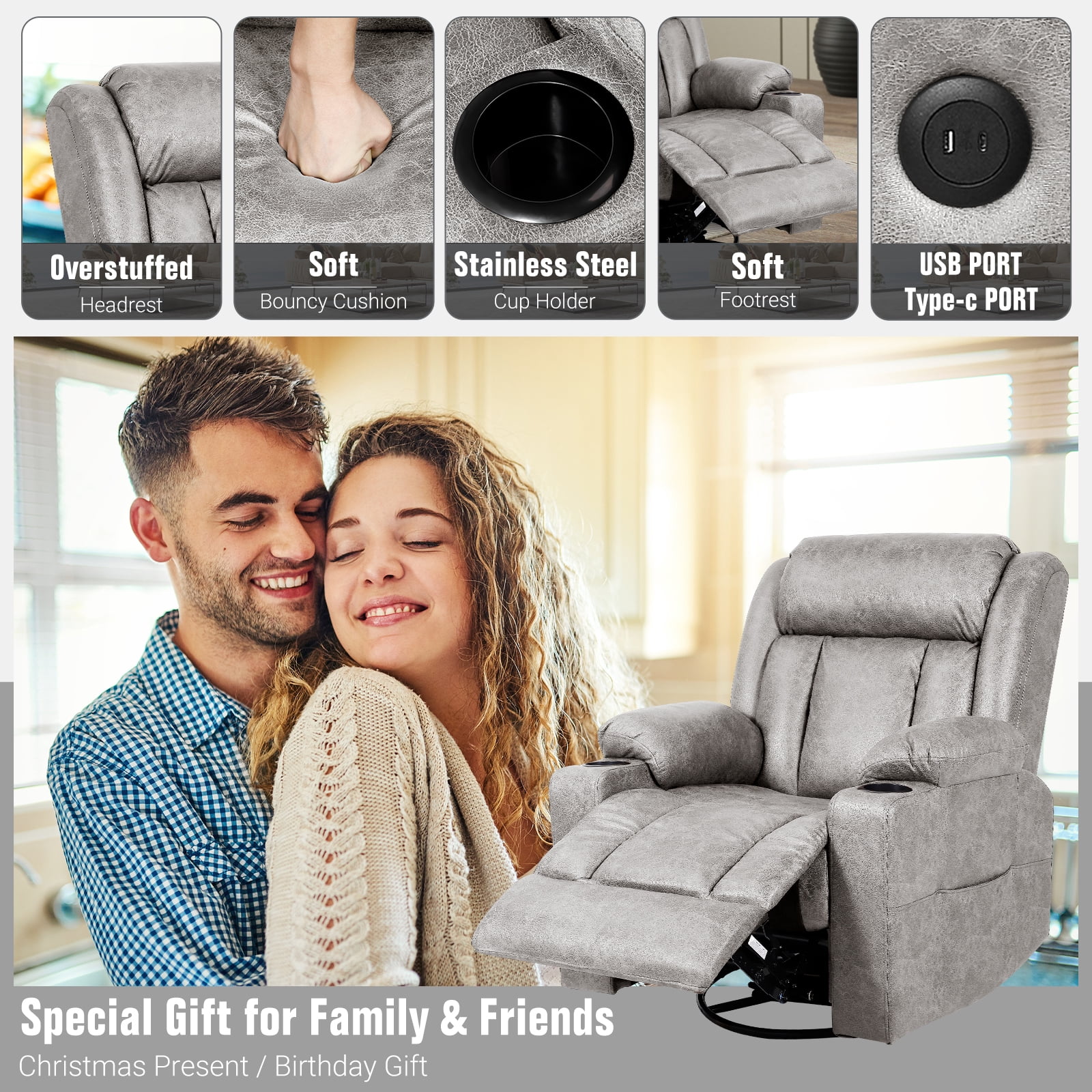 LAFWELL Rocking Recliner Chair - 360° Swivel with Vibration Massage & Heat, Grey - Ideal for Living Room, Bedroom, Nursery, RV