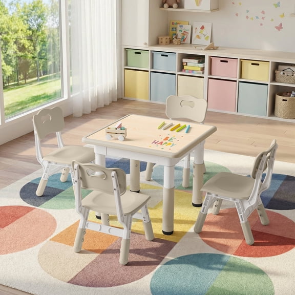 DOREROOM Kids Table and 4 Chairs Set, Height-Adjustable Toddler Table and Chairs Set with Graffiti Desktop, 23.6''L x 23.6''W Children Activity Table for Daycare, Classroom, Home