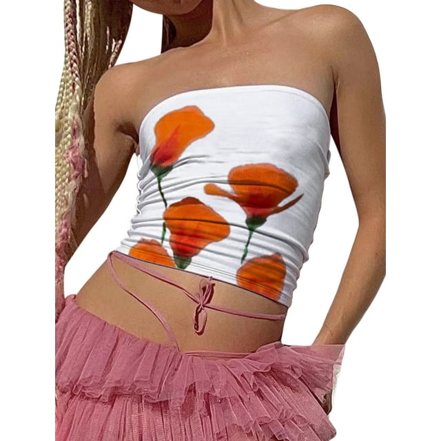Mialoley Women Tube Tops Flower Print Boat Neck Strapless Tops Tank Tops Summer Backless Bandeau Shirts