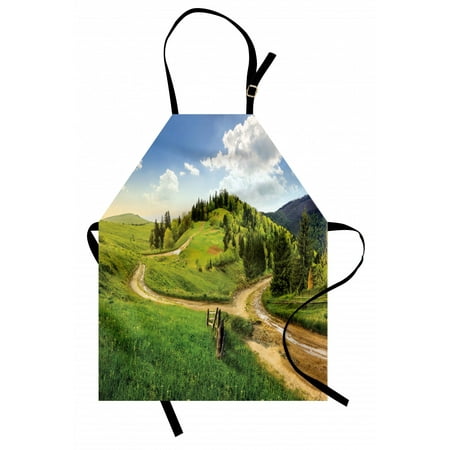 

Landscape Apron Hillside Meadows Cloudy Sky Fence Near the Road with Fir Trees on Both Sides Unisex Kitchen Bib Apron with Adjustable Neck for Cooking Baking Gardening Green Blue by Ambesonne