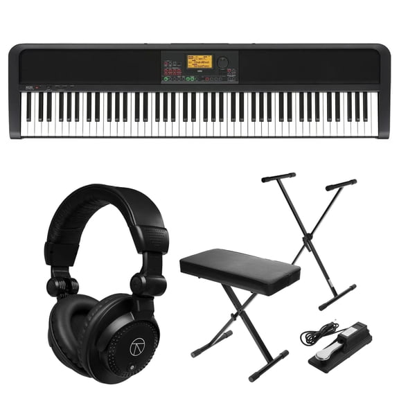 Korg XE20 88-Key Home Digital Ensemble Piano Bundle with Keyboard Stand, Sustain Pedal, H&A Closed-Back Studio Monitor Headphones