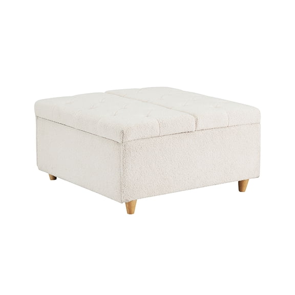 Large Square Ottoman – 35 Inch Oversized Sherpa Fabric Storage Bench with Lift Top, Tufted Coffee Table for Living Room Bedroom – Beige