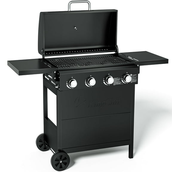 Kingchii 4-Burner Propane Grill, 38,000 BTUs Gas Grill with Foldable Side Tables, Built-in Thermometer for Outdoor Grilling, BBQs and Camping