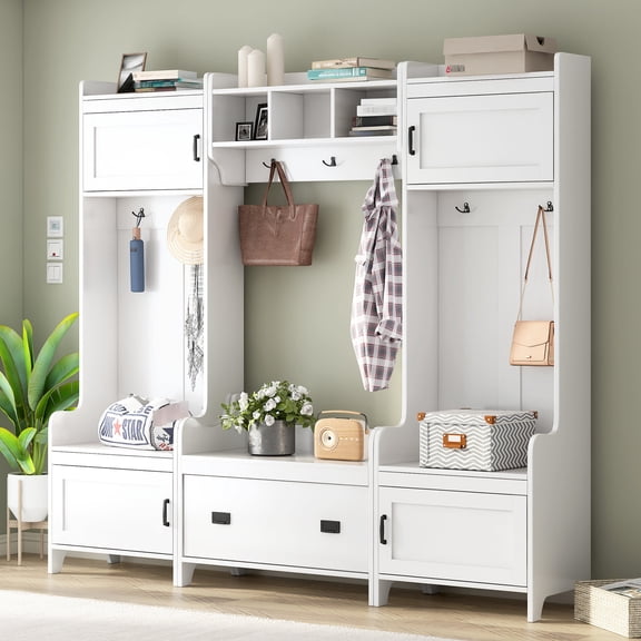 4-in-1 Functional Hall Tree with 4 Cabinets / Stable and Elegant for Home Entrance